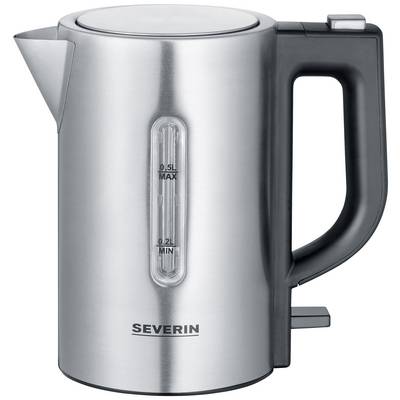 Silver electric kettle with a black handle, transparent window with markings for 0.2 to 0.5 litre capacity, Severin brand.