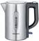 Silver stainless steel kettle with black handle. Transparent water level window with maximum and minimum markings on the side.