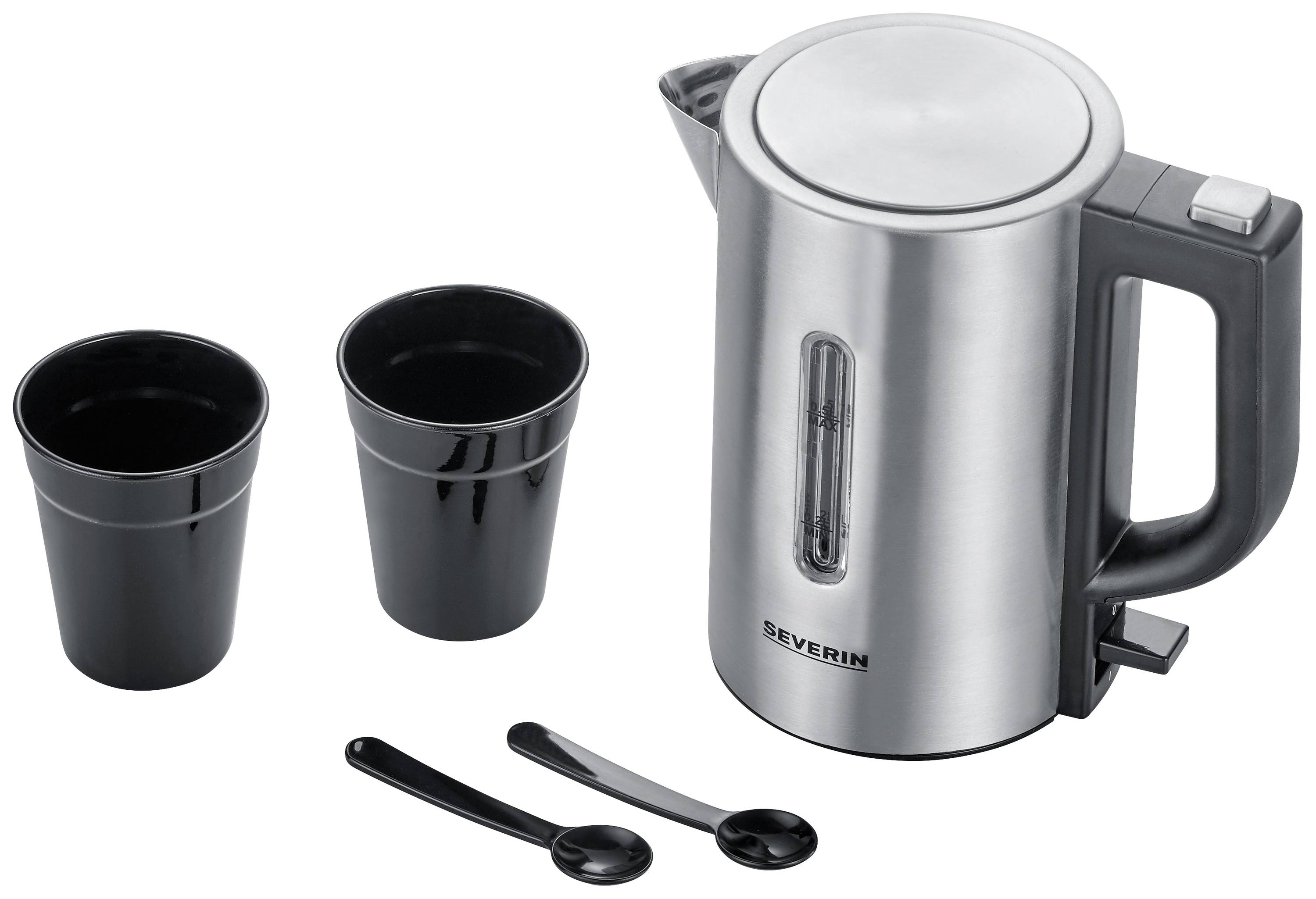 Silver kettle with two black cups and two black spoons.