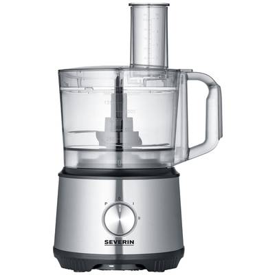 Stainless steel food processor with transparent container and scale, controls and filling chute. 'Severin' brand label at the bottom.