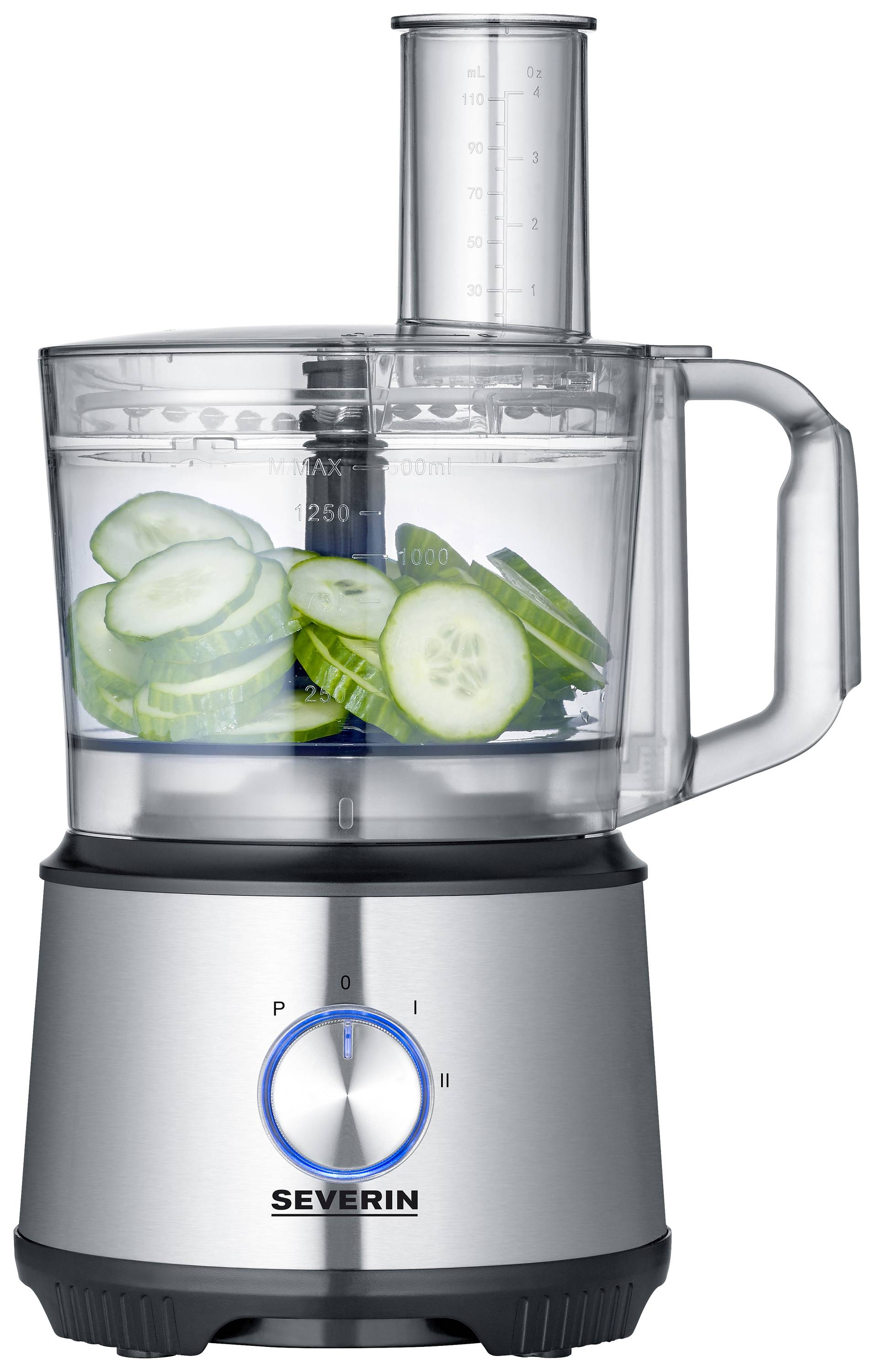 Silver kitchen processor with a transparent container, in which cucumber slices are being chopped. Brand name 'SEVERIN' on the device.