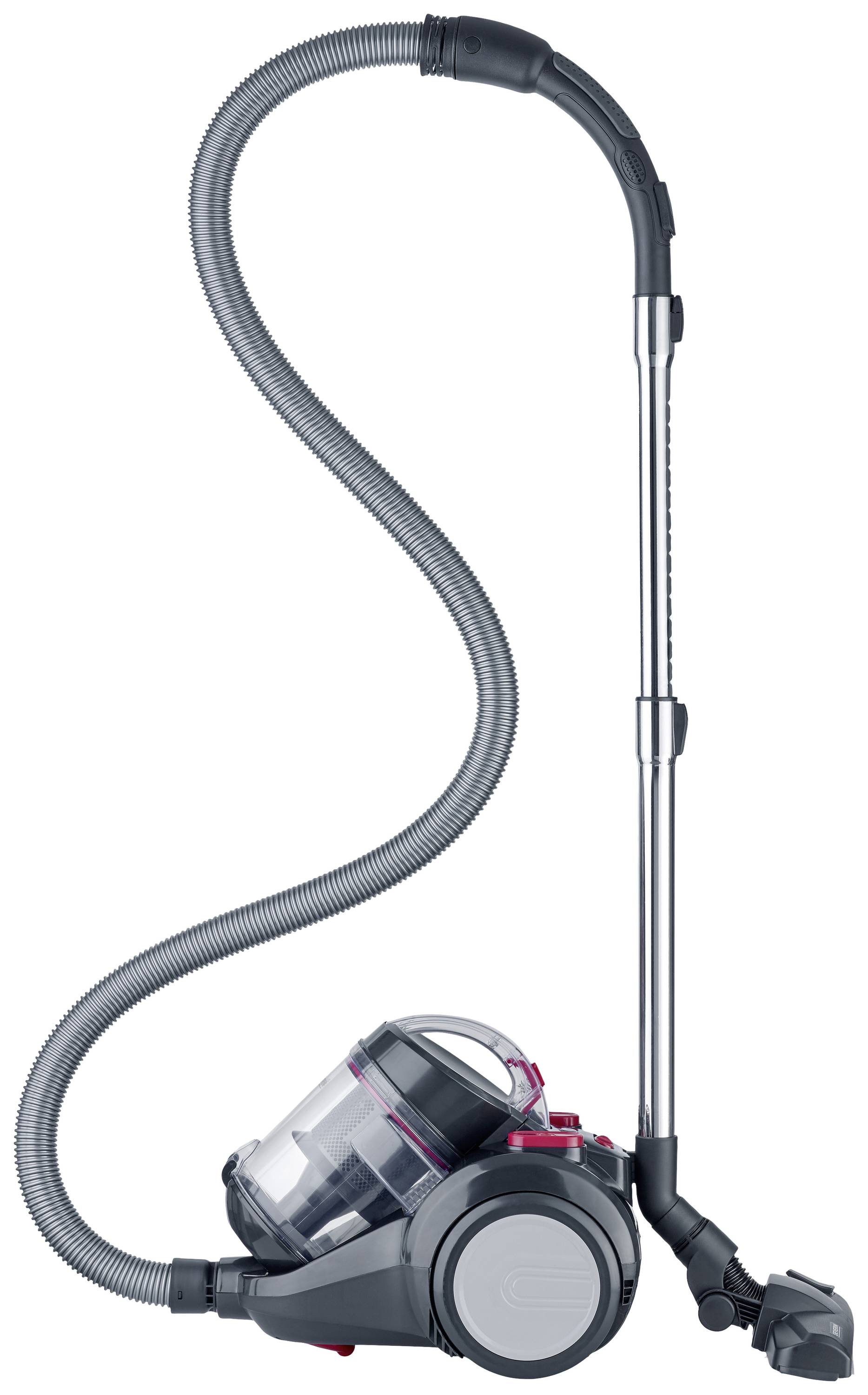 Bagless vacuum cleaner with a long hose and telescopic metal tube, grey housing with transparent container.