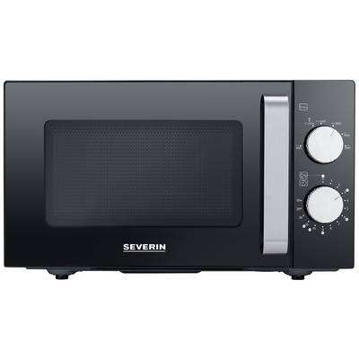 Black microwave with two control knobs on the right side for setting time and power, brand Severin.
