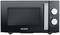 Black microwave with two control knobs on the right side for setting time and power, brand Severin.