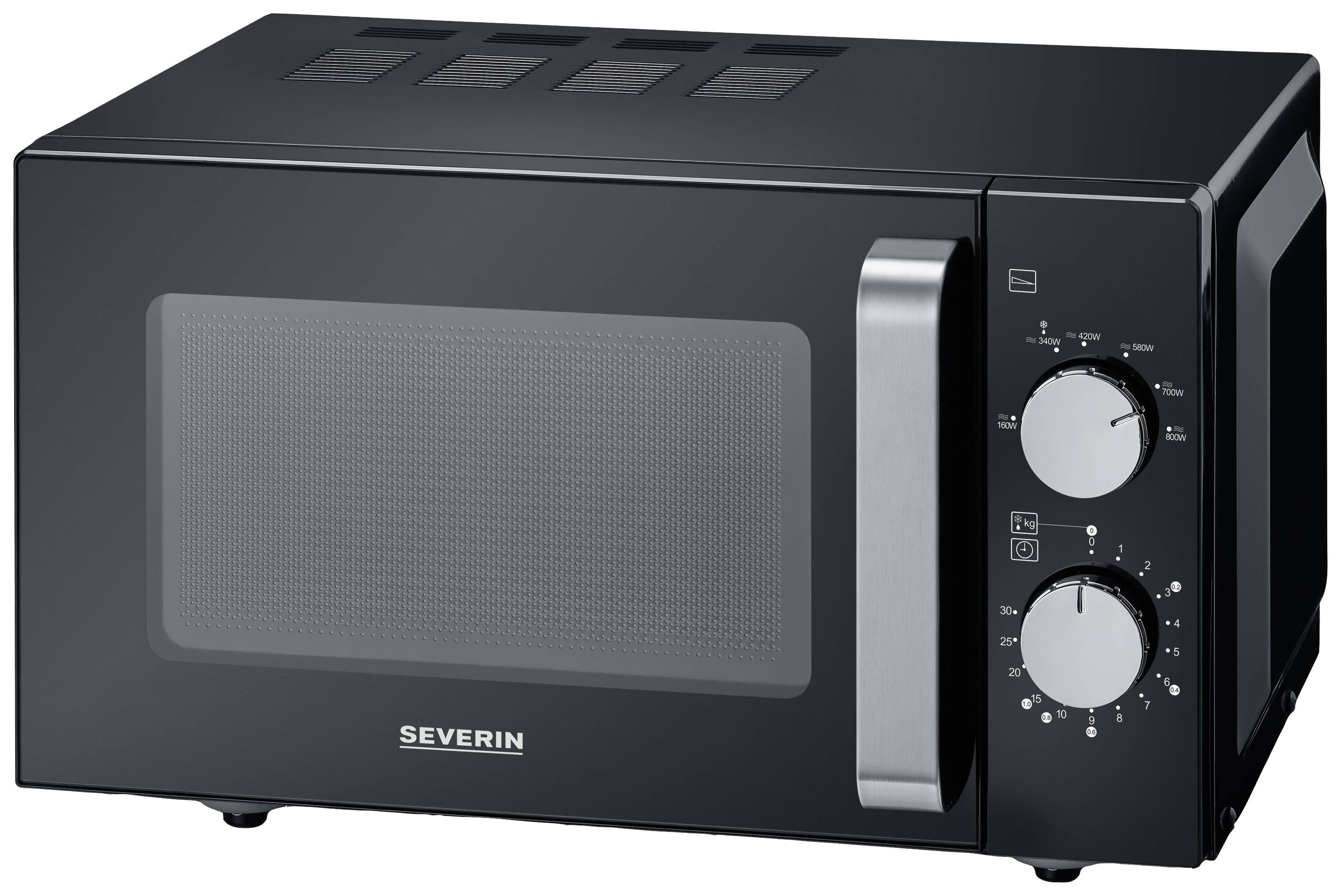 Black microwave with two rotary knobs on the right, for controlling time and power, standing on a flat surface.