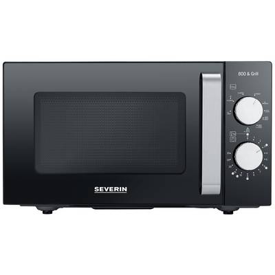 Black microwave with grill function by Severin, two rotary knobs on the right for adjusting power and time, Model 800 & Grill.