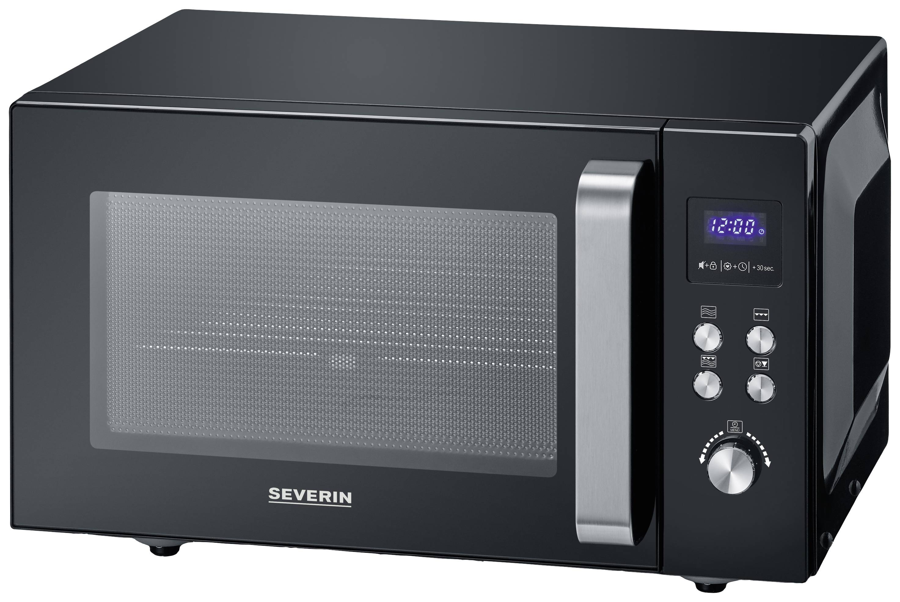 Black microwave with a digital display showing '12:00'. Control buttons and a rotary dial are located on the right-hand side.