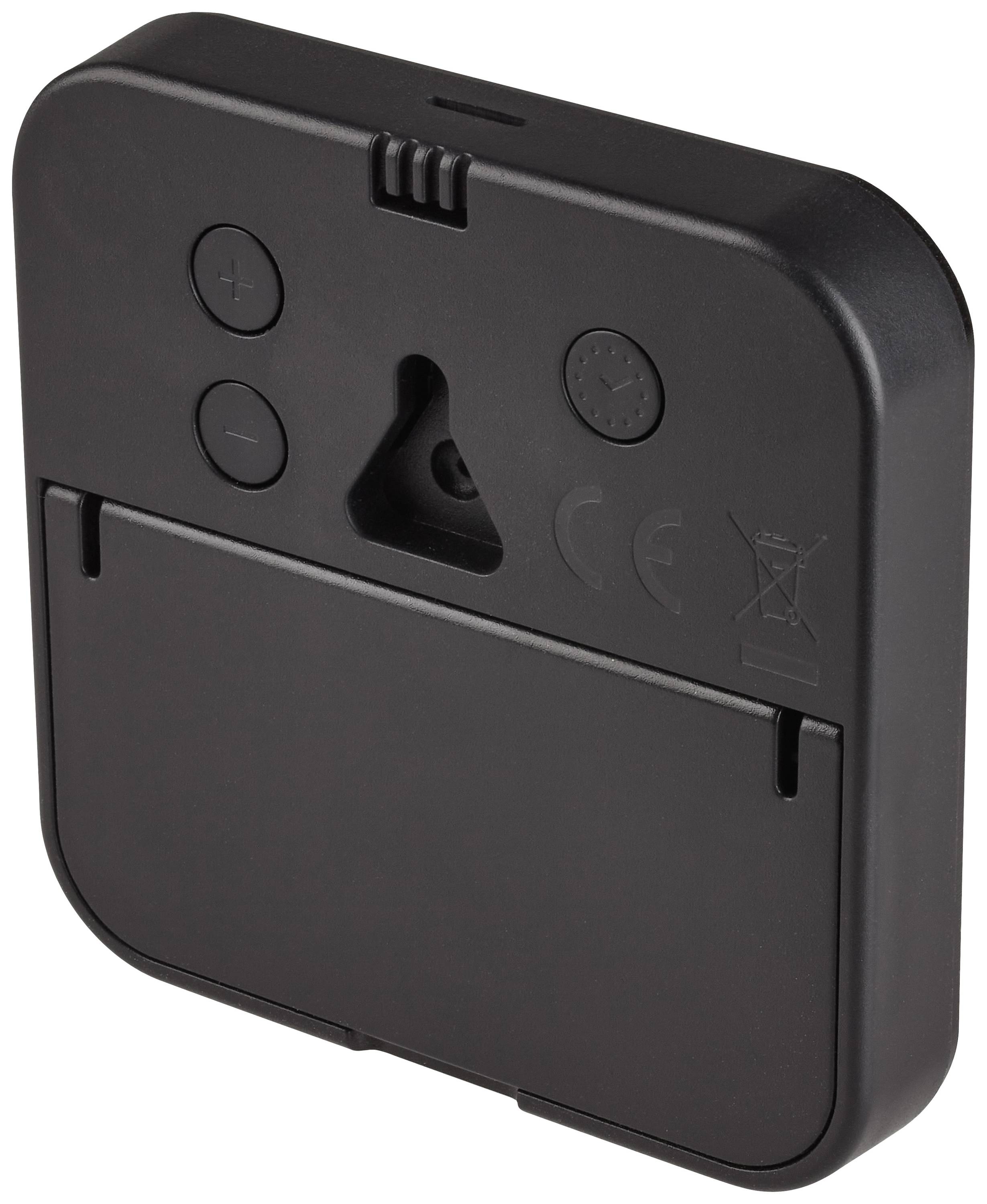 Back of a black electronic device with plus and minus buttons and symbols for CE marking.