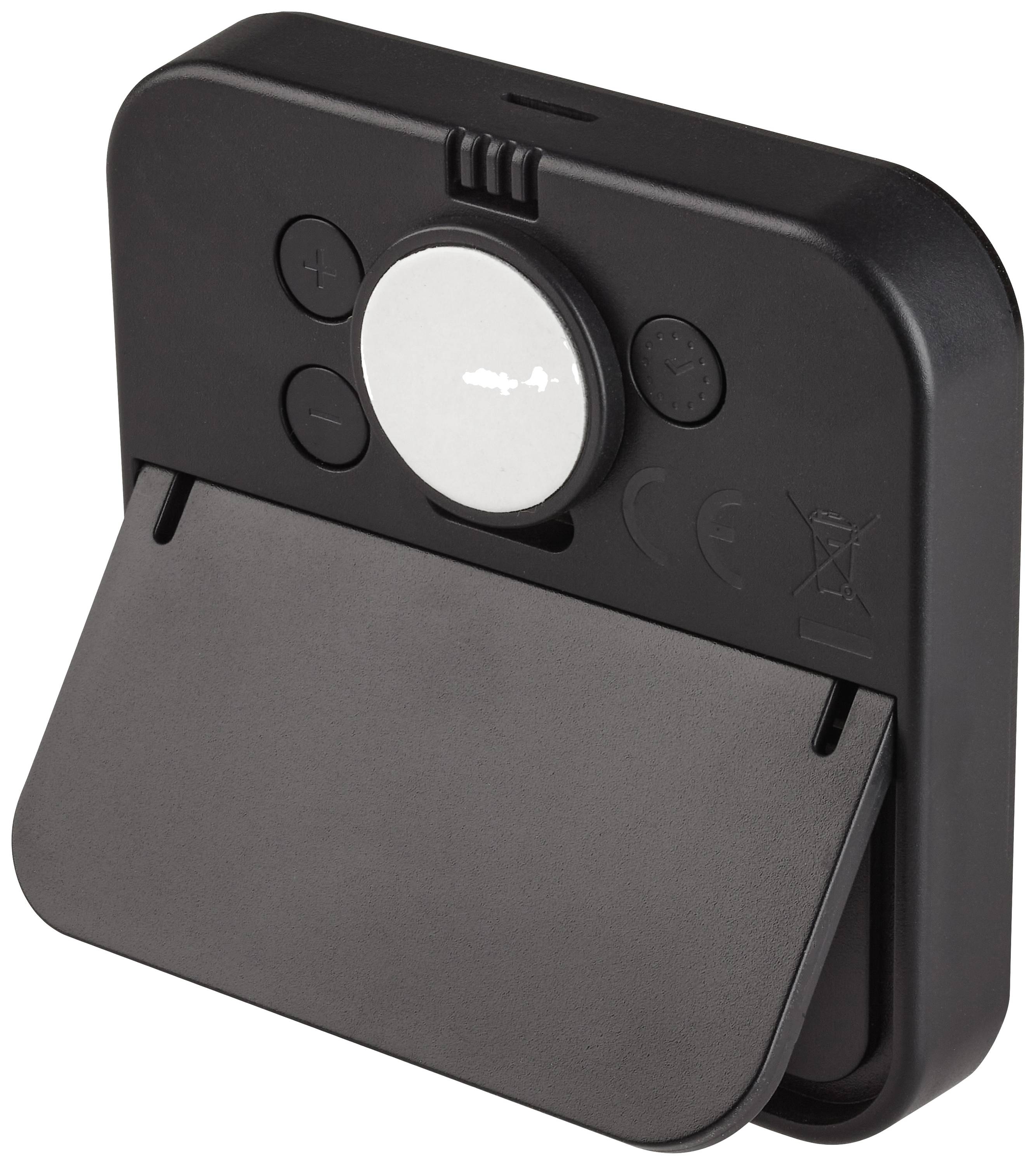 Black plastic stand with adjustable lid and four push buttons on top.