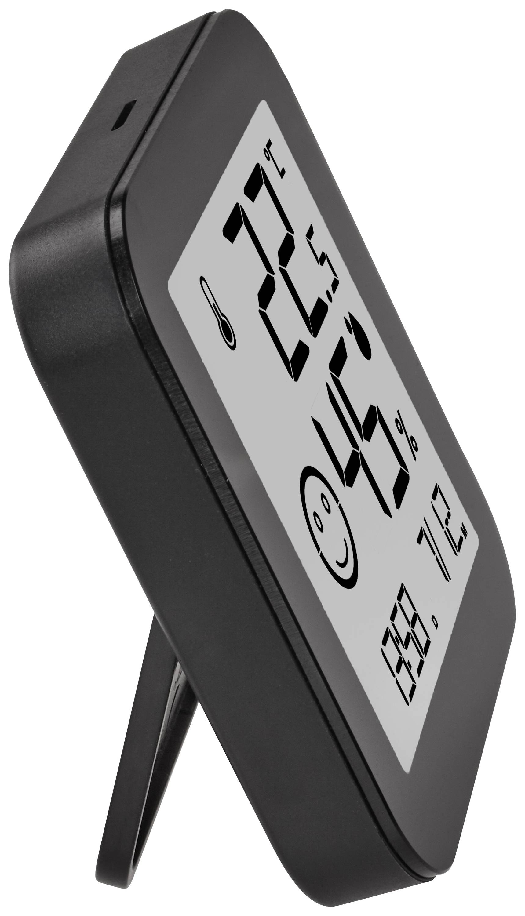 Digital thermometer with hygrometer showing 22.5 degrees Celsius and 45% humidity, with a smiley face symbol.