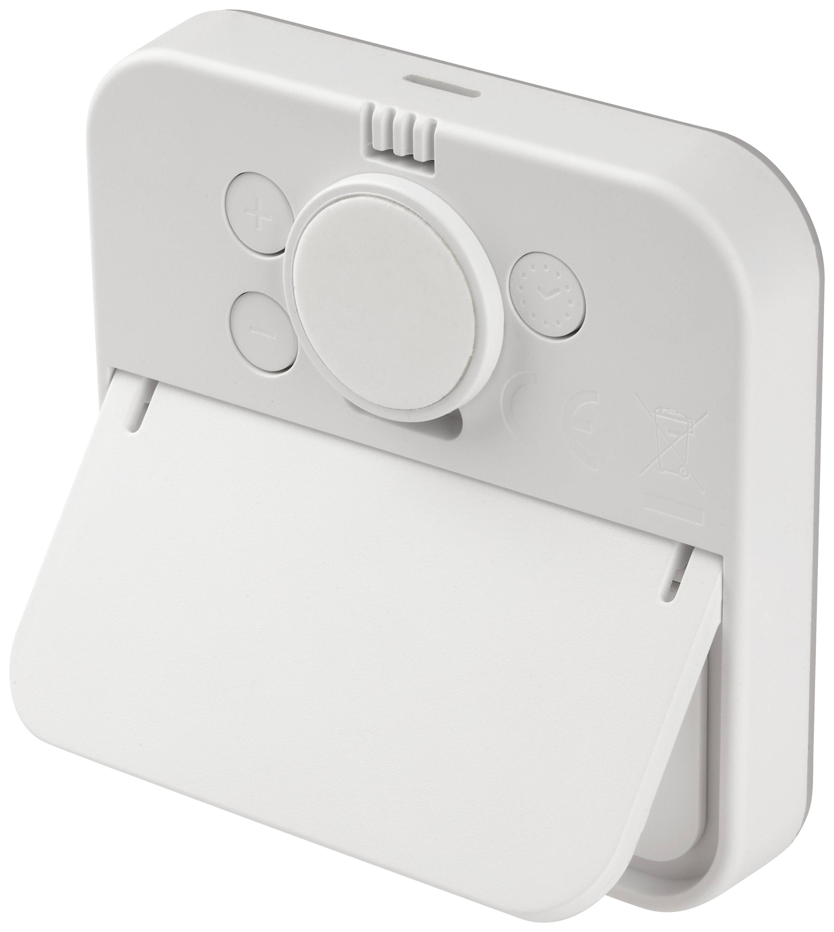 White plastic terminal block housing with round buttons for '+' and '-', a large central button and a removable cover.
