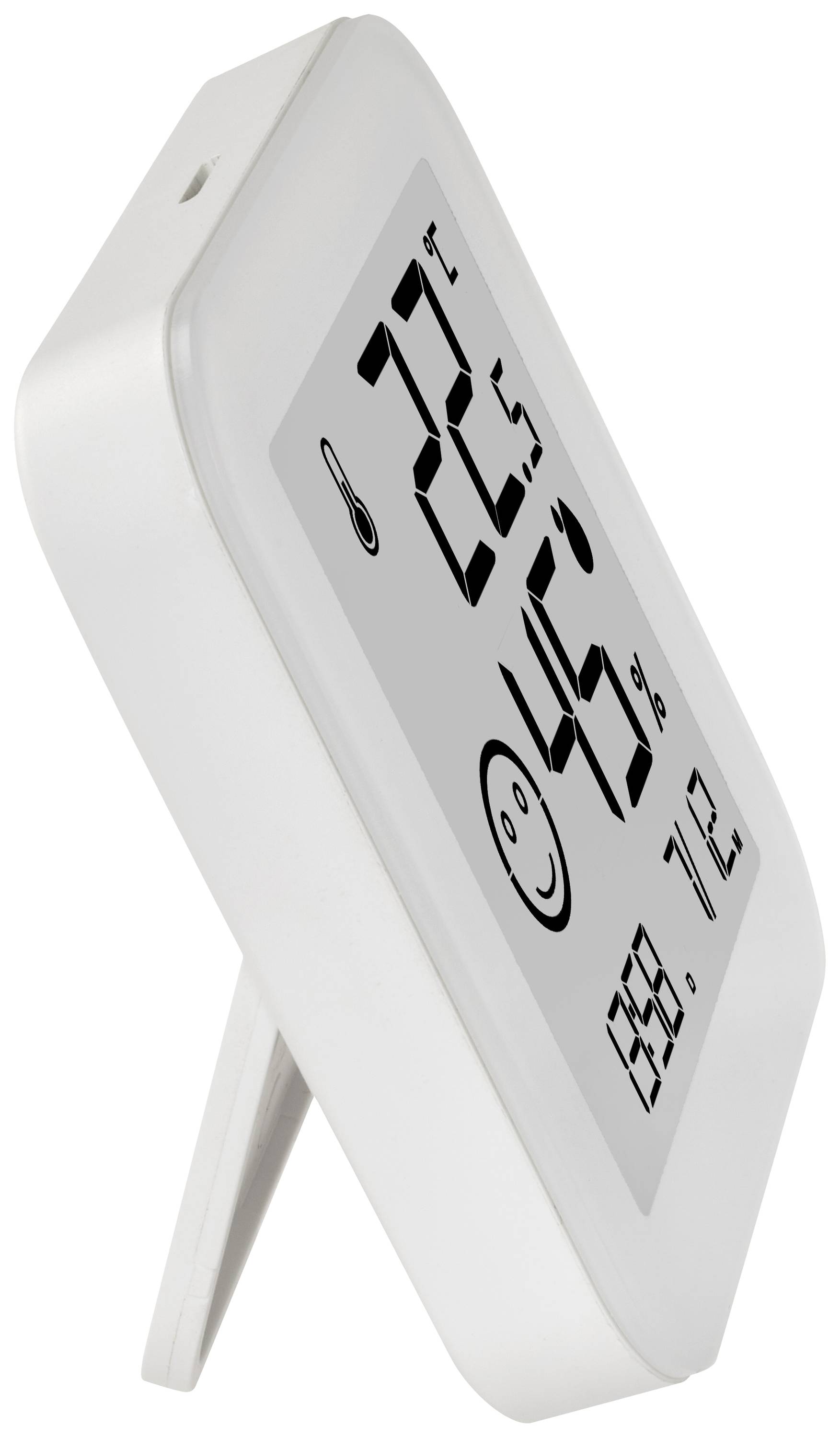 Digital thermo-hygrometer displaying 22.5°C and 45% relative humidity. Display with smiley face and time 9:12.