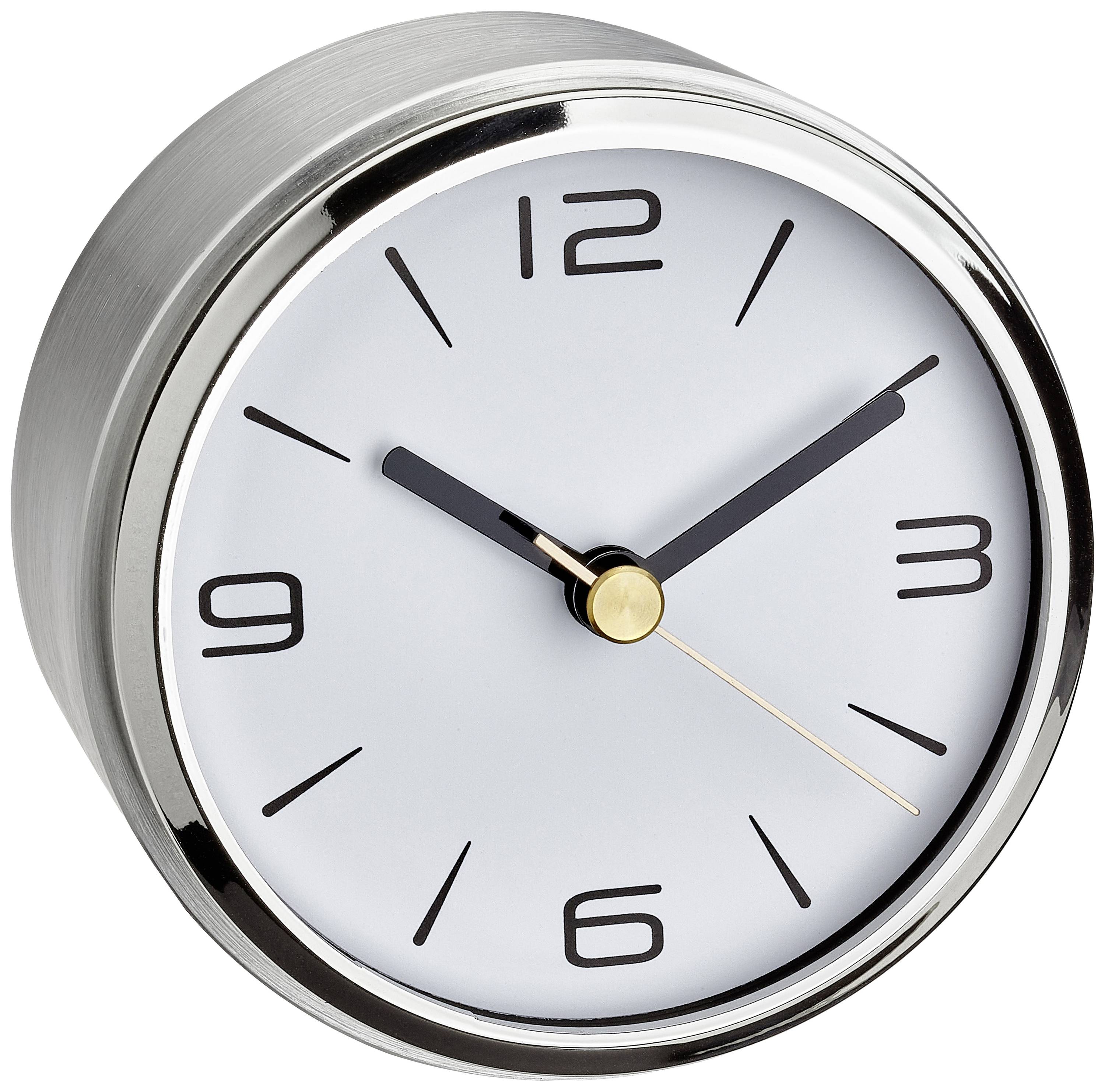 Round analogue watch with a silver case and black dial. Shows 10:10.