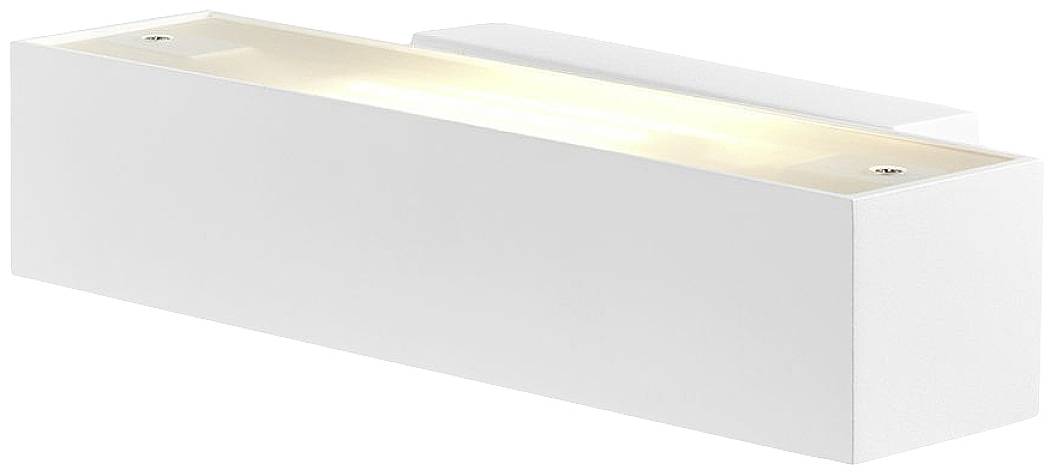 White wall light with modern design, rectangular shape, illuminated. Suitable for interior spaces, provides indirect lighting.