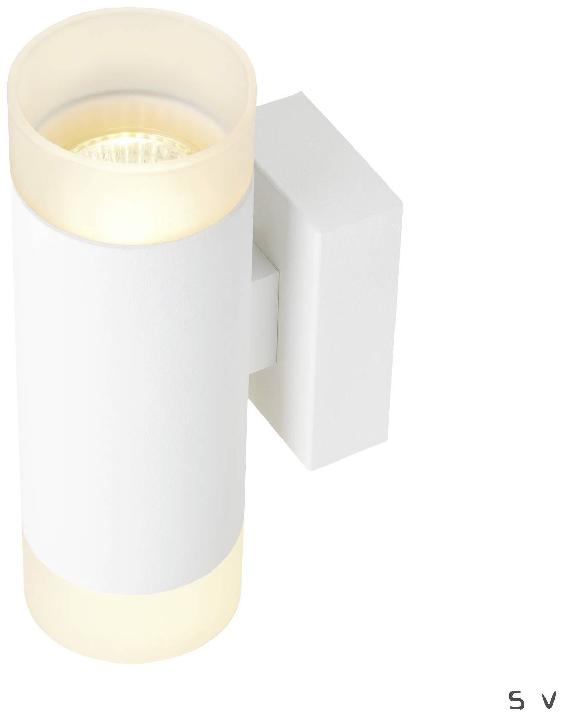 A white, cylindrical exterior wall light with illuminating glass caps at the top and bottom, mounted on a rectangular bracket.