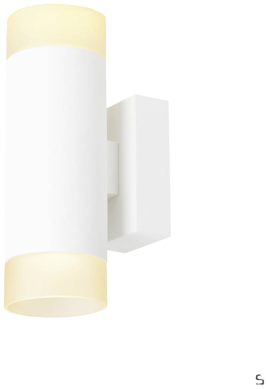 White cylindrical wall lamp with cream-coloured ends that illuminates upwards and downwards. Minimalist design.