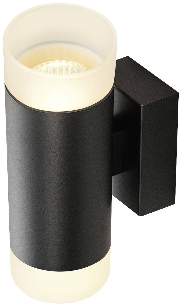 Black cylindrical exterior wall light with light emission upwards and downwards, mounted on a rectangular bracket.