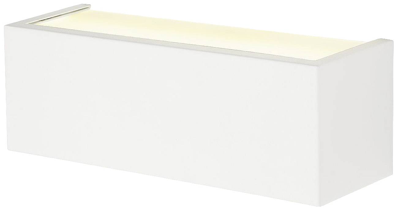 White, rectangular wall light with an upward-facing light source. Minimalist design for modern interiors.