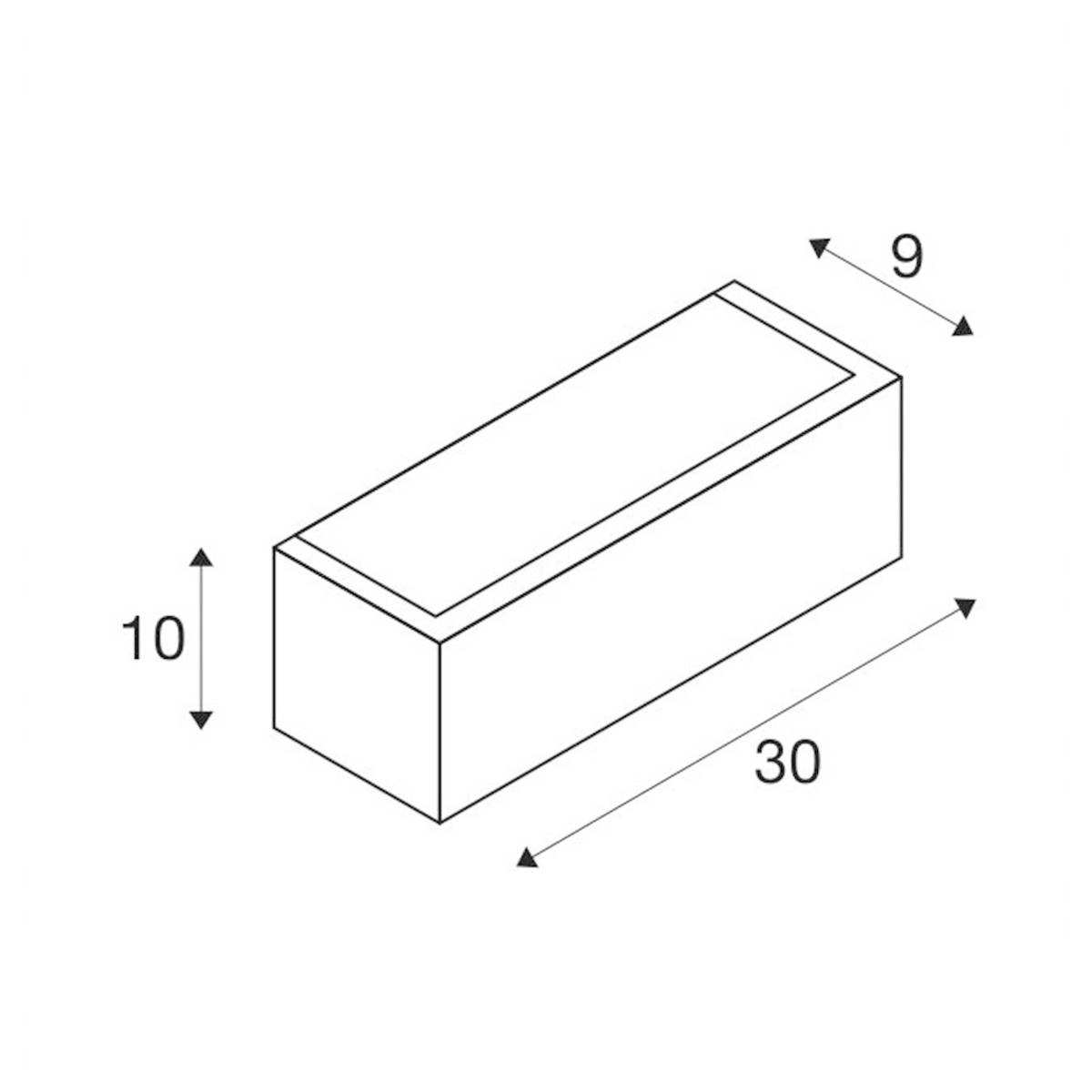 Figure of a rectangular cuboid with the given dimensions: Length 30, Width 9, Height 10. All dimensions given in units.