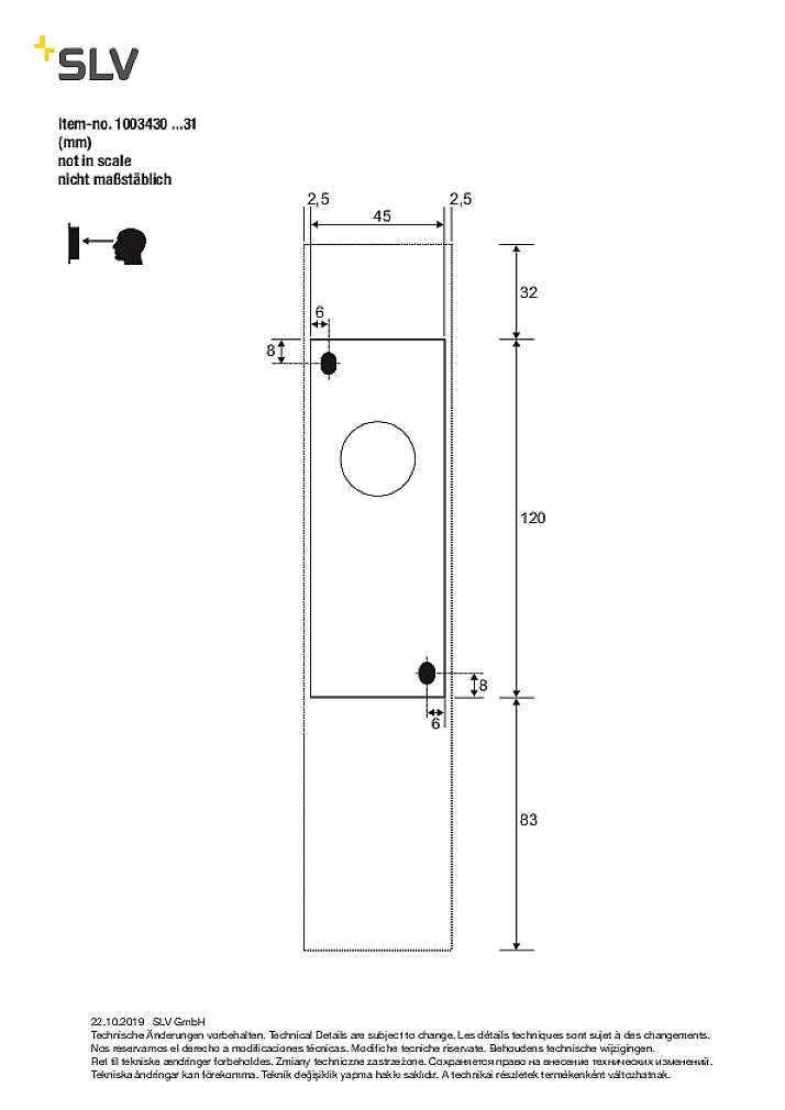 Technical drawing of an elongated light fitting with dimensions in millimetres. Shows front and side views with mounting information.