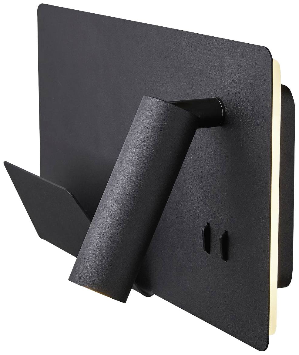 Black wall light with a rectangular base and cylindrical arm, mounted on a light-coloured wall.
