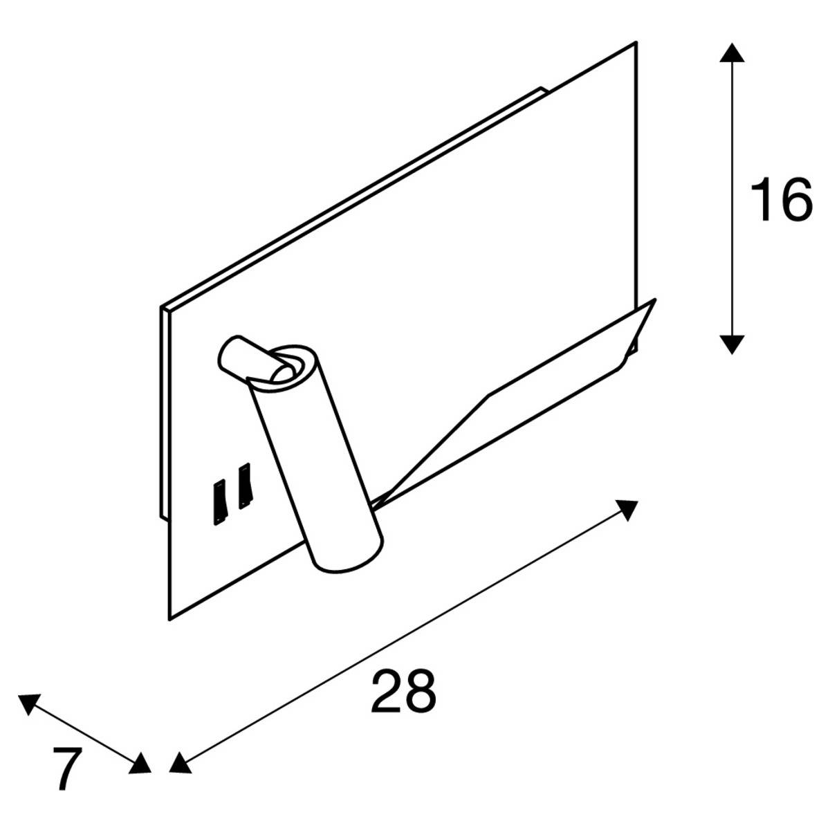 '3D diagram of a rectangular object with dimensions: width 28, height 16, depth 7. Part of the object is unfolded.'