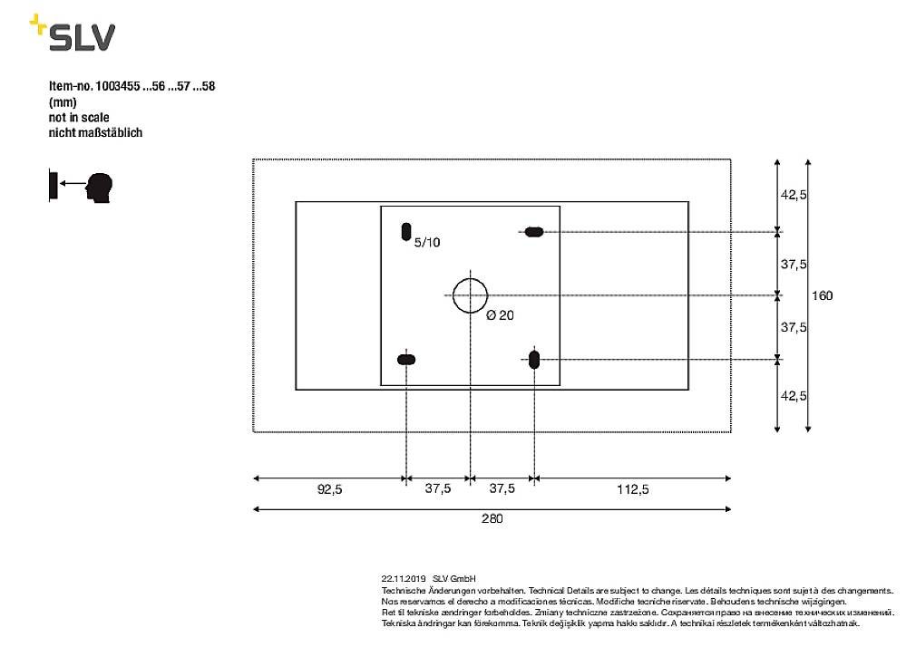 Diagram shows the dimensions of a rectangular surface with two circular markings and measurements in millimetres.