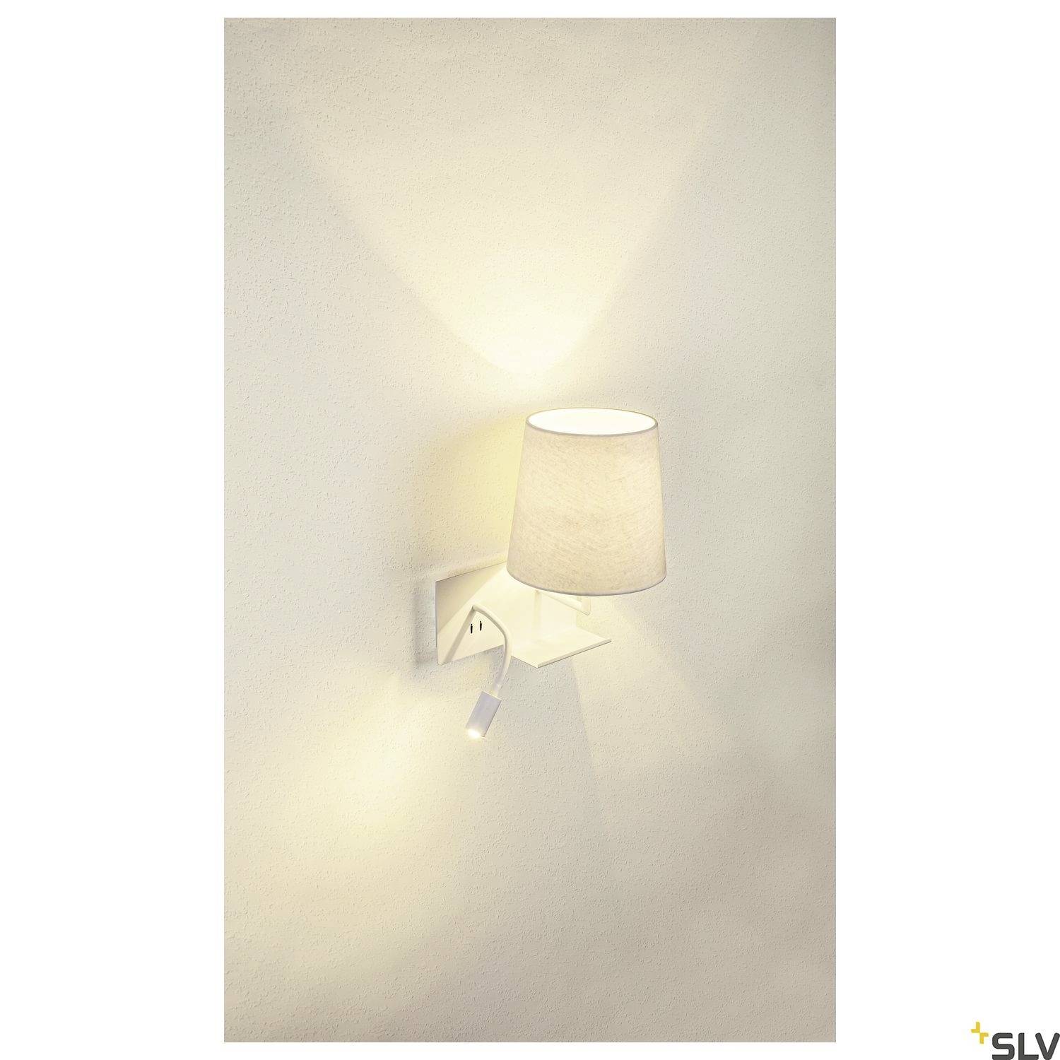 Wall light with a white lampshade, mounted on a smooth, cream-coloured wall. It emits warm, diffused light.