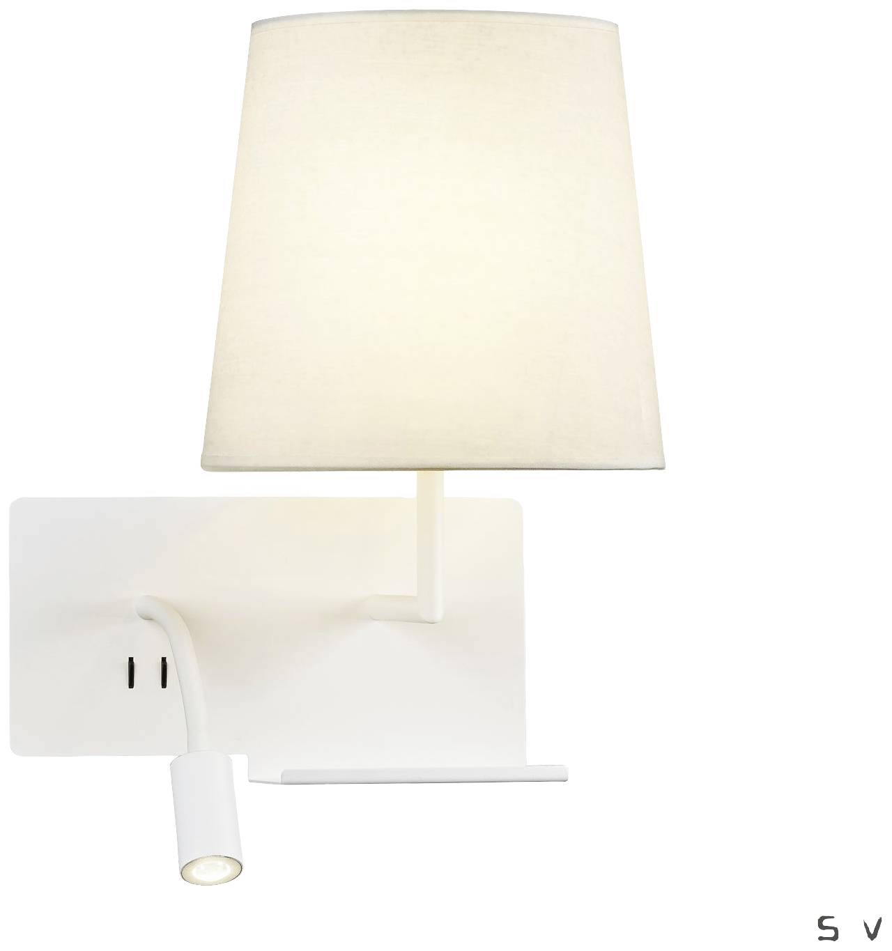Wall light with a cylindrical lampshade and a flexible reading light underneath, both in white design.