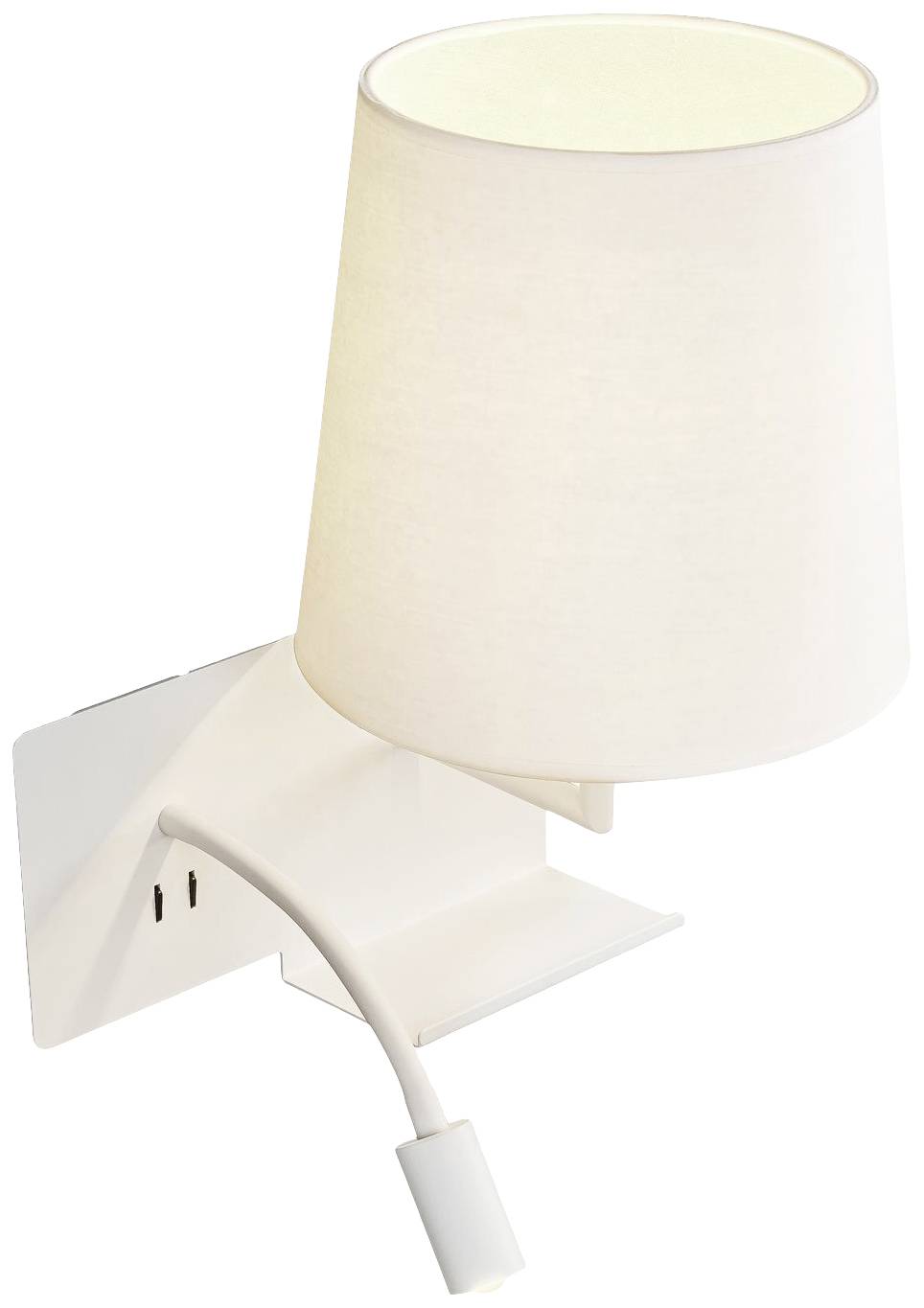 White wall lamp with fabric shade, featuring a flexible reading arm.