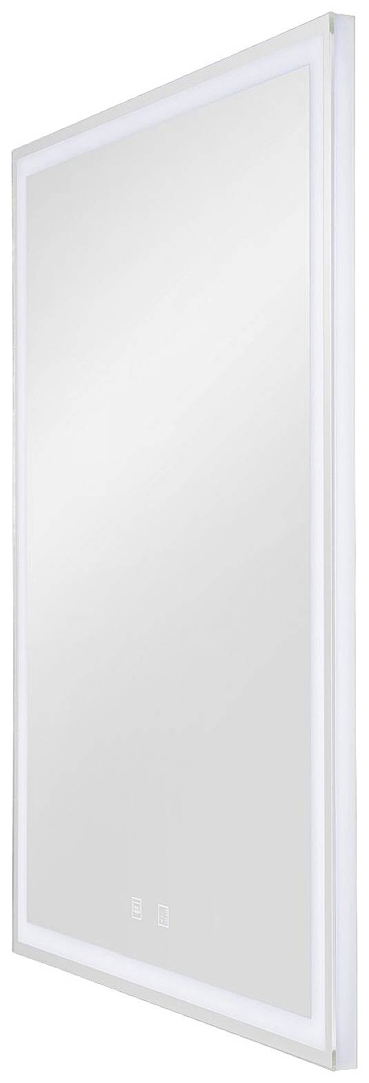 Rectangular mirror with illuminated edge, side perspective.
