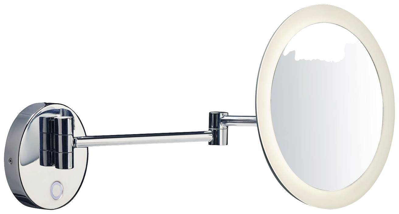 A round, illuminated vanity mirror with an adjustable arm, mounted on a wall bracket. Ideal for use in the bathroom.