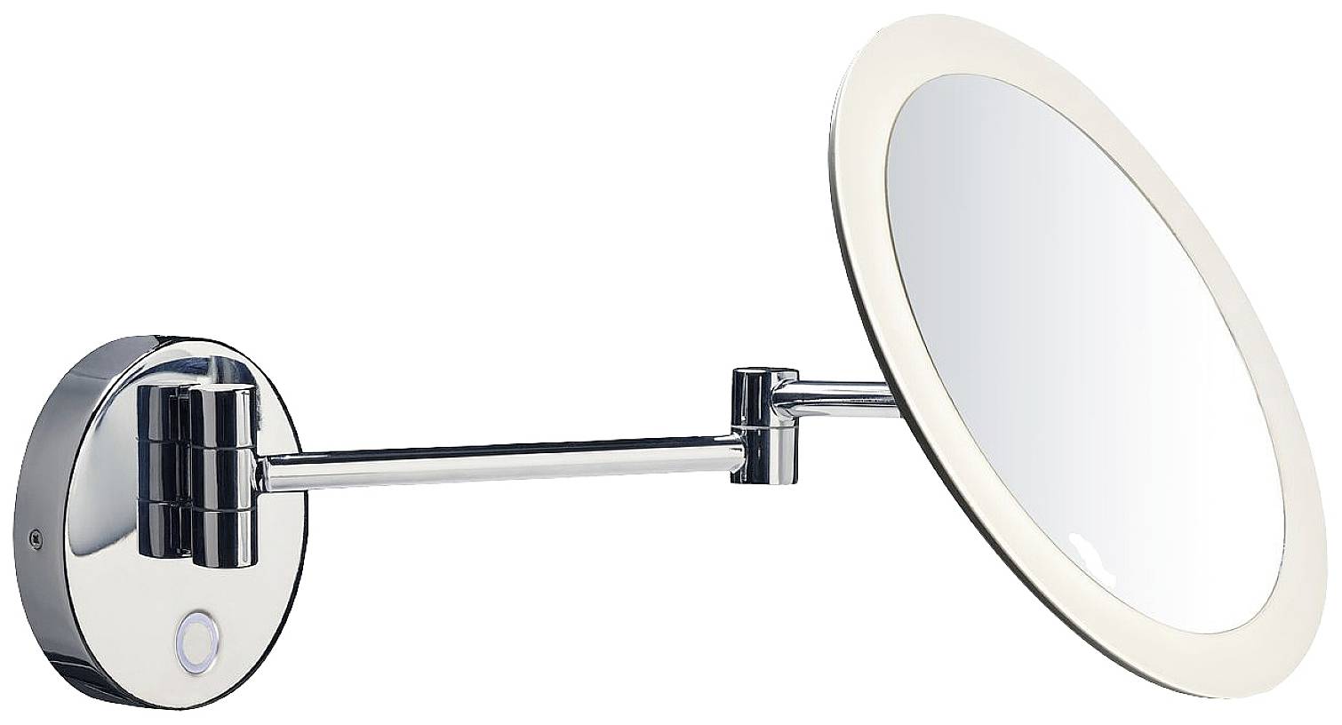 Circular wall-mounted magnifying mirror with LED lighting and adjustable arm. Perfect for cosmetic purposes.