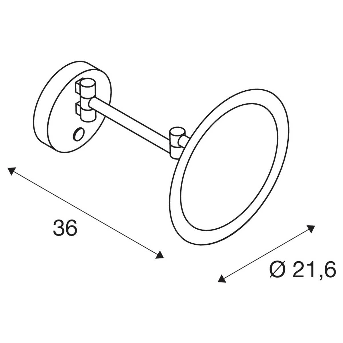 Wall-mounted round mirror with a diameter of 21.6 cm and an extendable arm of 36 cm.