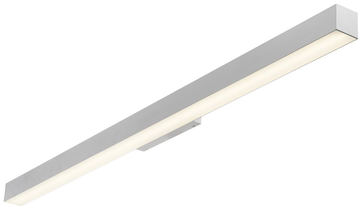 A long, rectangular LED wall light with a silver housing emits diffused, warm white light. Ideal for contemporary interiors.