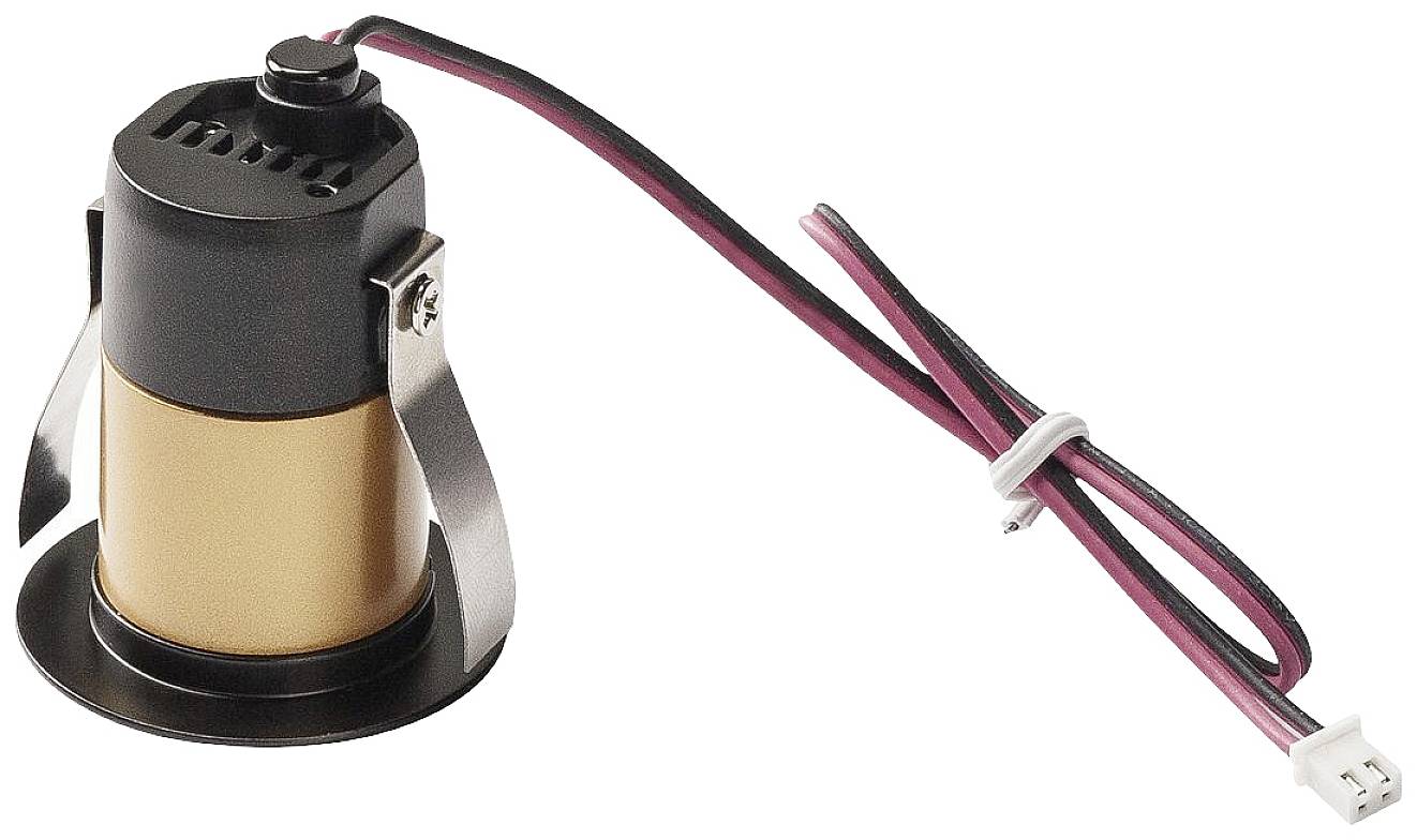 A small black and gold speaker with cable and connector on a white background.