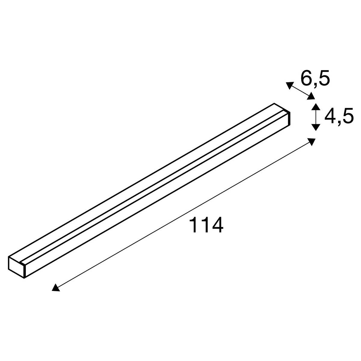 Diagram of a rectangular beam with dimensions 114 length, 6.5 height and 4.5 width.