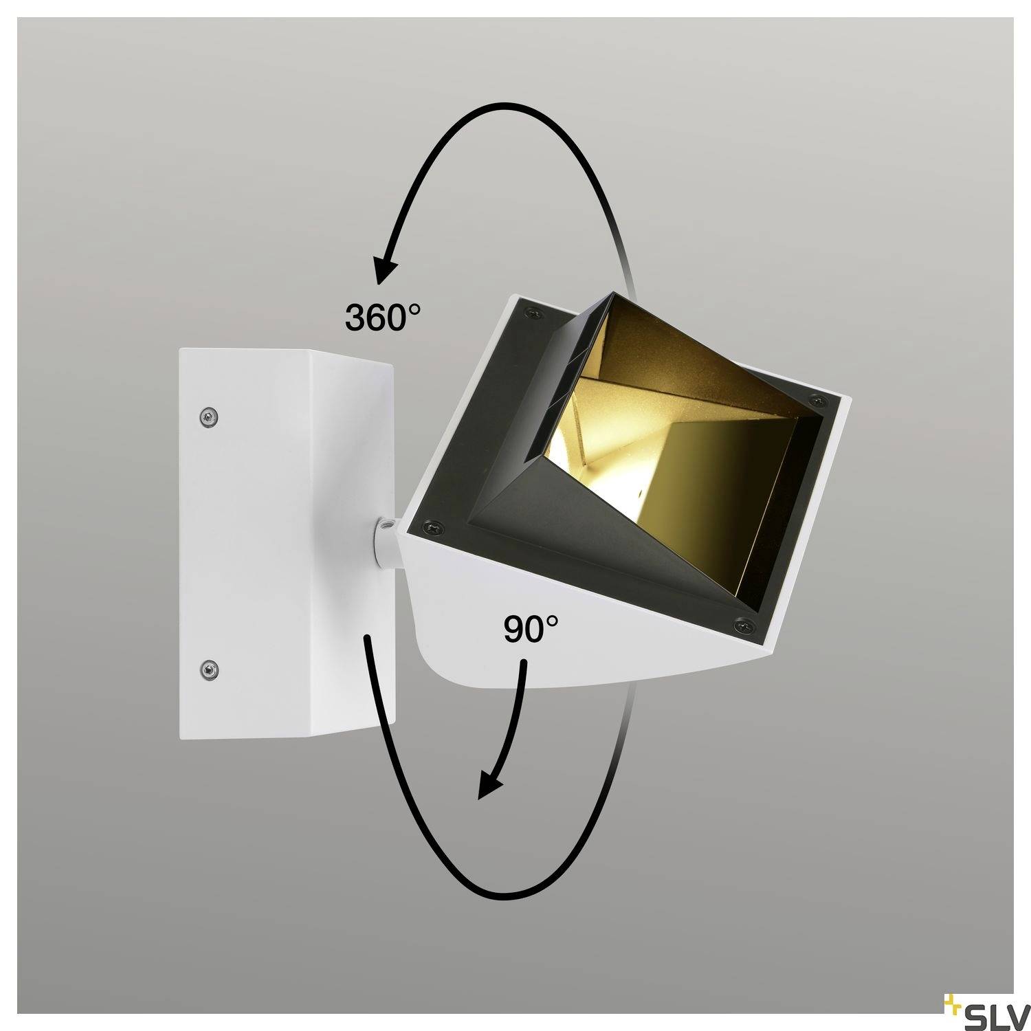 Adjustable LED wall light in white with black reflector, rotatable 360 degrees, tiltable up to 90 degrees. Ideal for accent lighting.