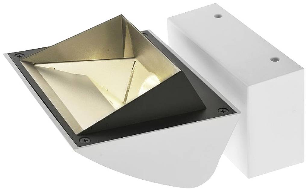 Wall light with a contemporary, angular design in white and gold. Suitable for wall mounting, illuminated by a recessed reflector.