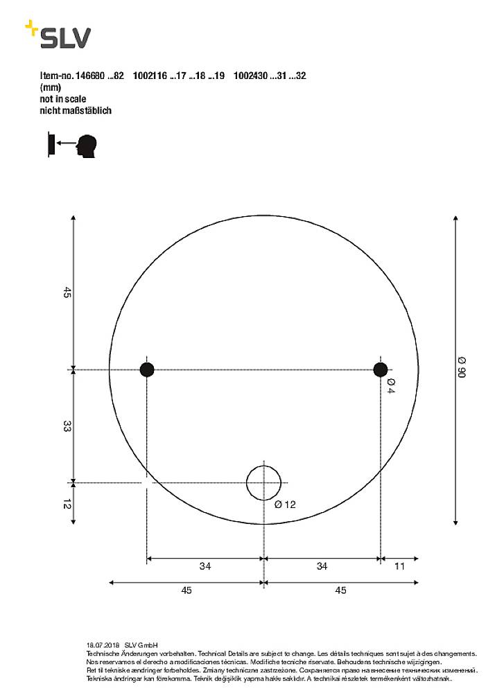 'Circular diagram with dimensional specifications in mm, a central point and two peripheral points, connected by lines. Weight: 0.12 kg, not to scale.'