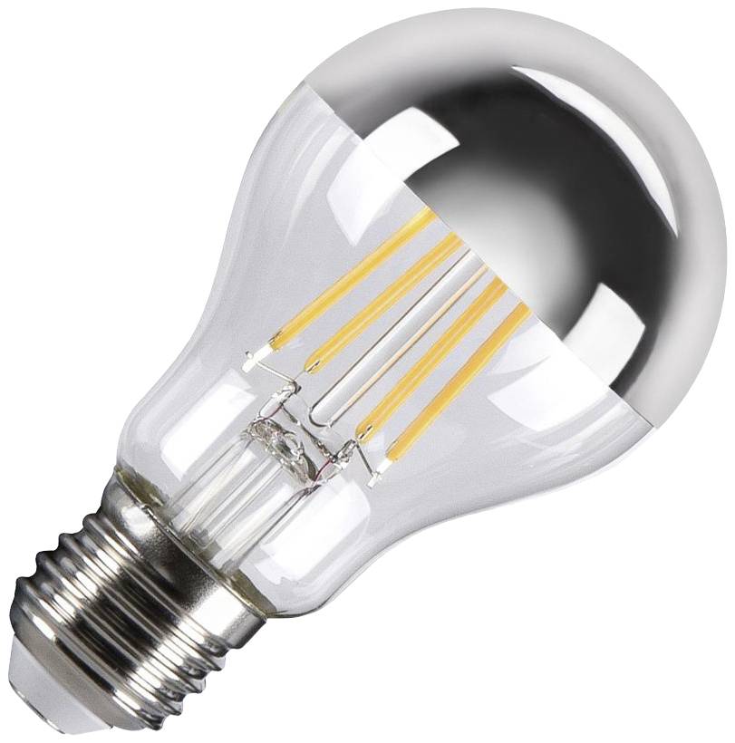 An incandescent light bulb with visible filaments, a silvery shade, and a screw thread, set against a neutral background.