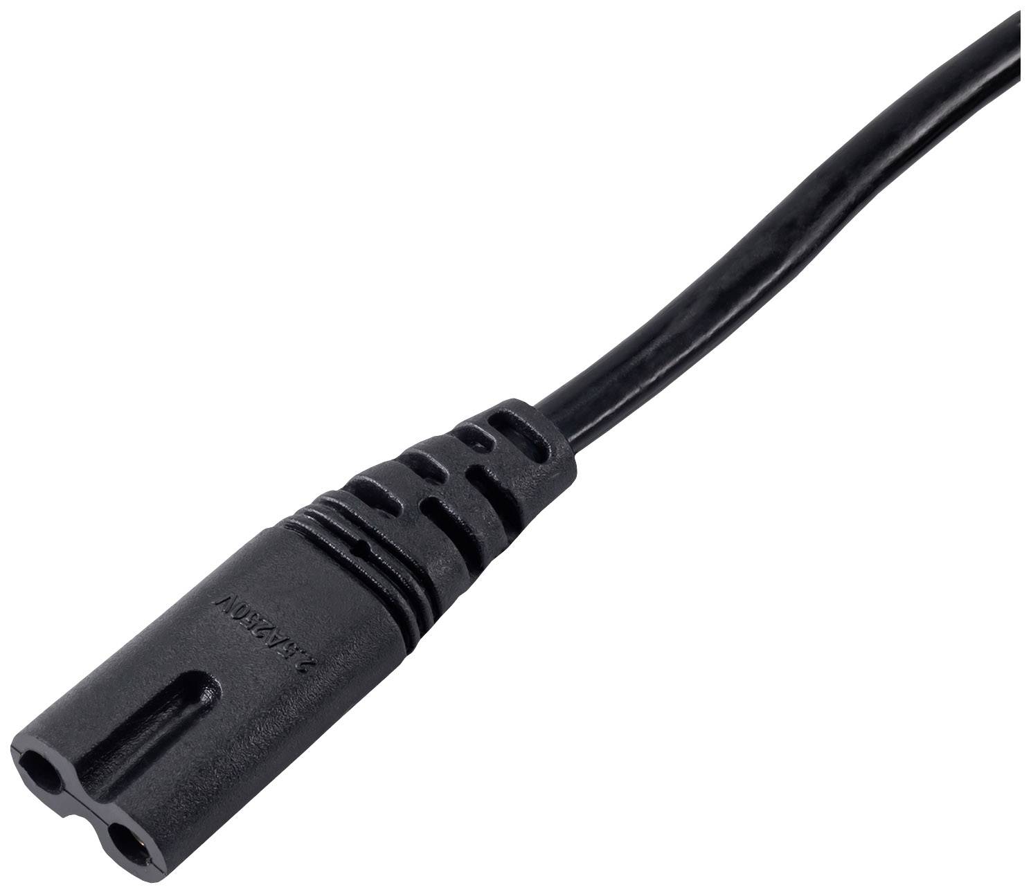 A black mains cable with a two-pin plug, commonly used for electronic devices, on a white background.