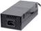 Black power supply with cable connection, rectangular shape, ribbed surface on the front. Used for powering devices.