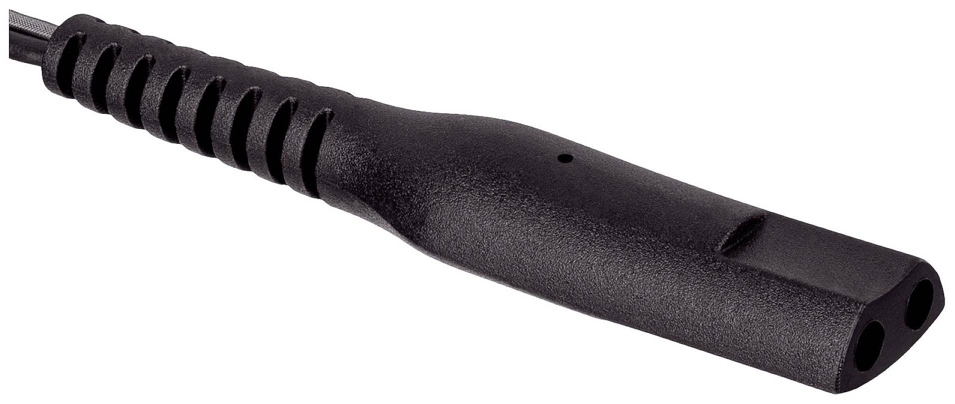 A two-pin, black device plug with a ribbed grip, potentially for electrical appliances, with insulated cable visible.