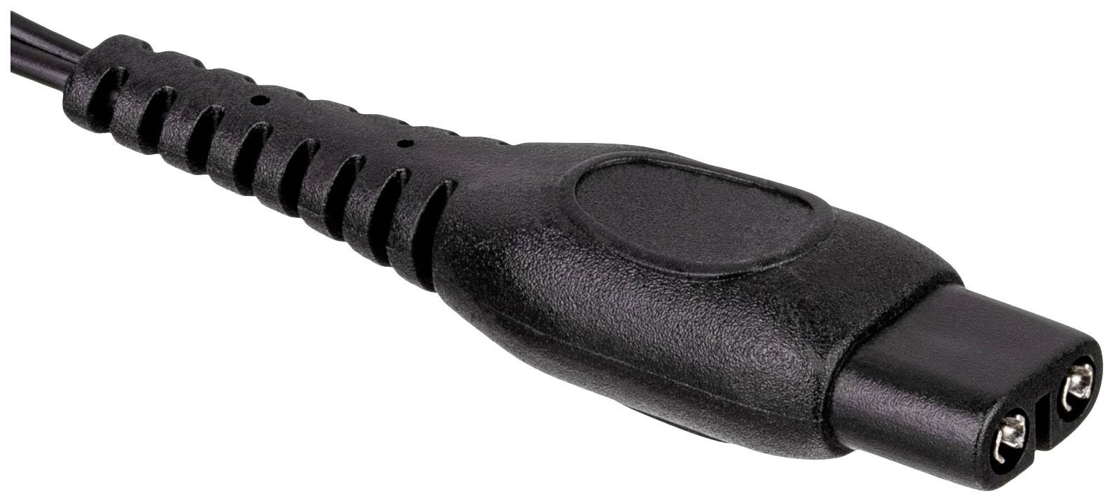 A black electric plug with two holes, detailed with a textured grip, against a white background.