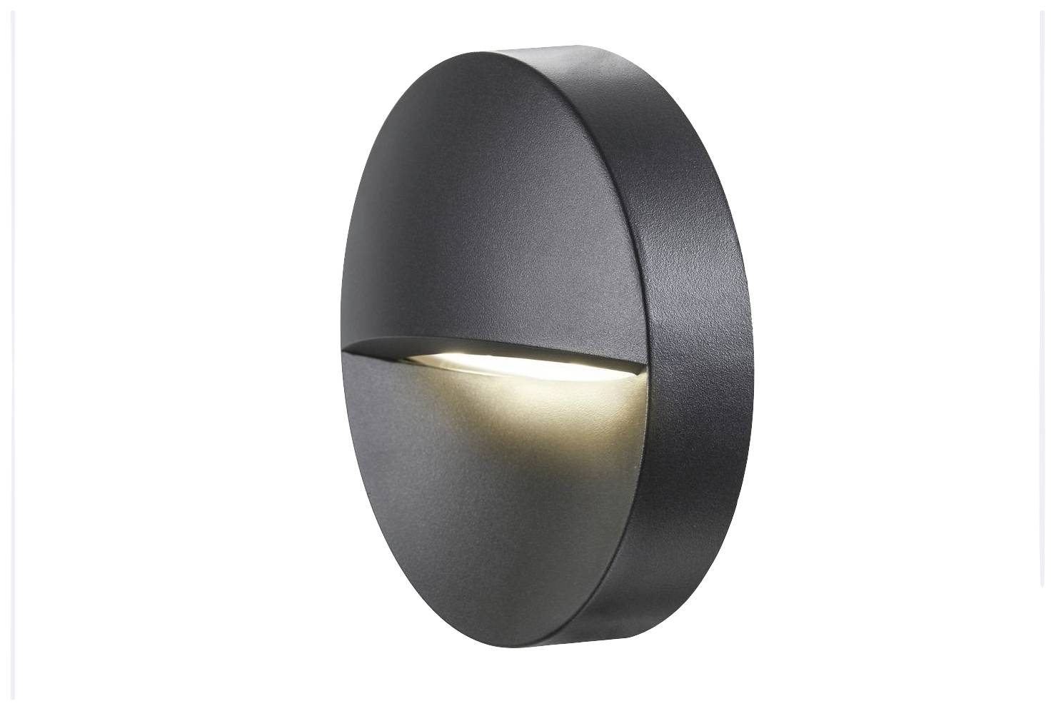 A black, round wall light with a narrow light slit in the centre, emitting downward-directed light.