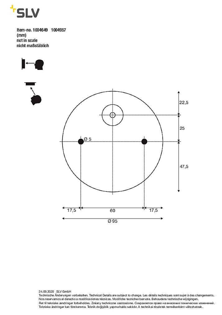 Technical drawing of a circular light fixture mounting bracket with dimensions in millimetres. Shows drill holes, diameter (95 mm) and measurements.