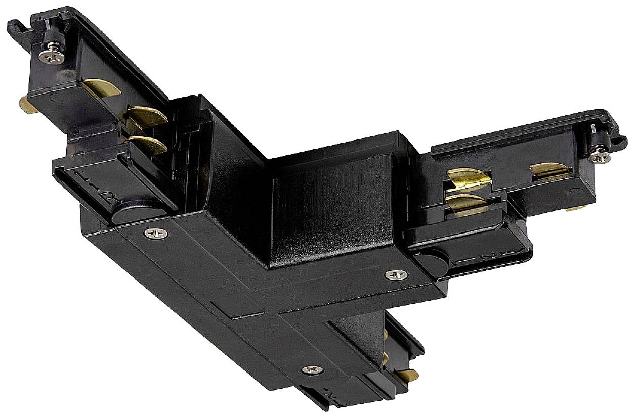 Black L-shaped electrical light rail connector with metal contacts.