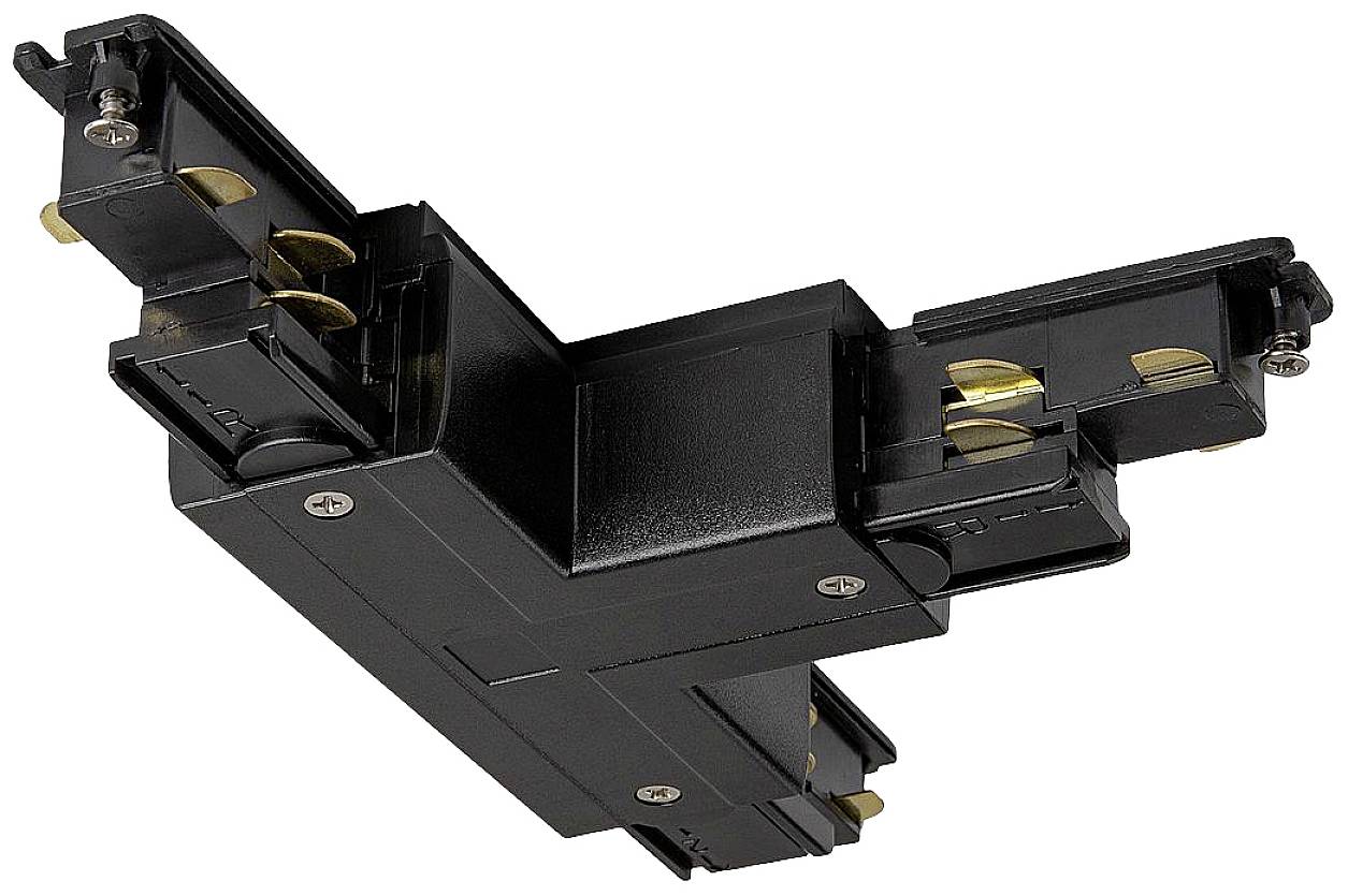 Black L-shaped connecting connector for electrical busbars, consisting of three busbar segments connected at a right angle.