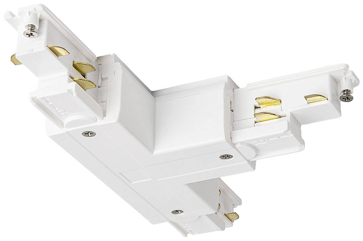 A white L-shaped electrical connector with visible metal contacts. Used in electrical rail systems.